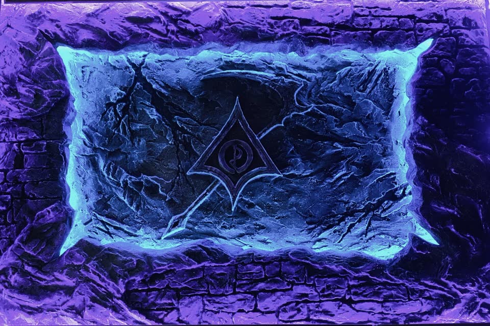 Beleuchtetes Kunststein-Wandbild mit Felsstruktur und violettem Lichtakzent in Diamantform