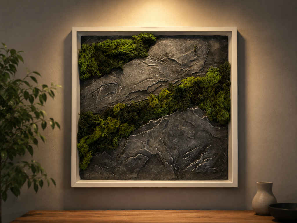Quadratisches 3D-Wandbild mit dunkler Kunststein-Felsstruktur und grüne Moosstreifen in einem weißen Profilrahmen unter warmem Spotlicht.