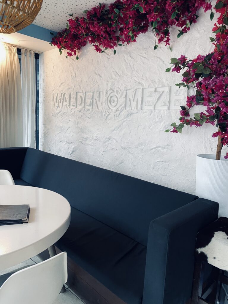 Seitliche Perspektive auf die weiße Akzentwand mit 3D-Schriftzug, dunklem Sitzpolster und Bougainvillea-Pflanze im Restaurant.