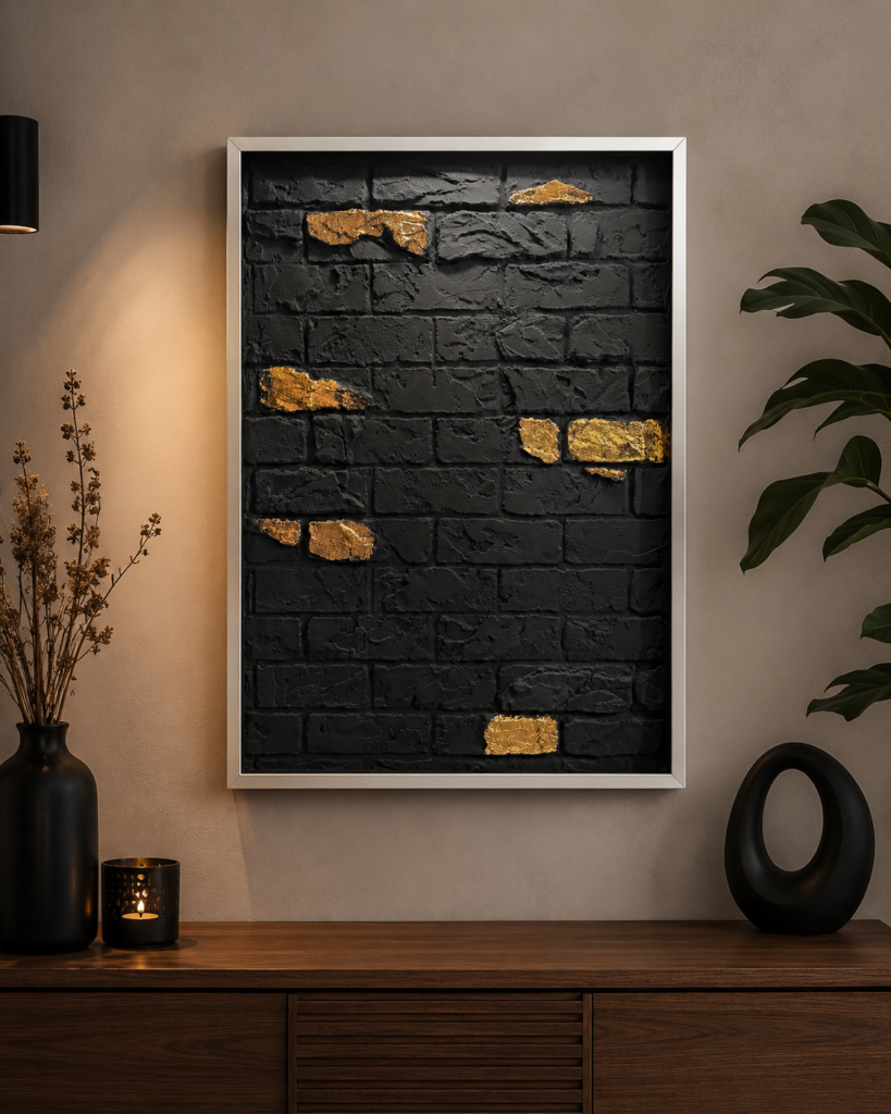 Hochformatiges 3D-Wandbild aus schwarzen Kunststein-Ziegeln mit vergoldeten Blattgold-Akzenten und weißem Rahmen über einer Holzkommode.