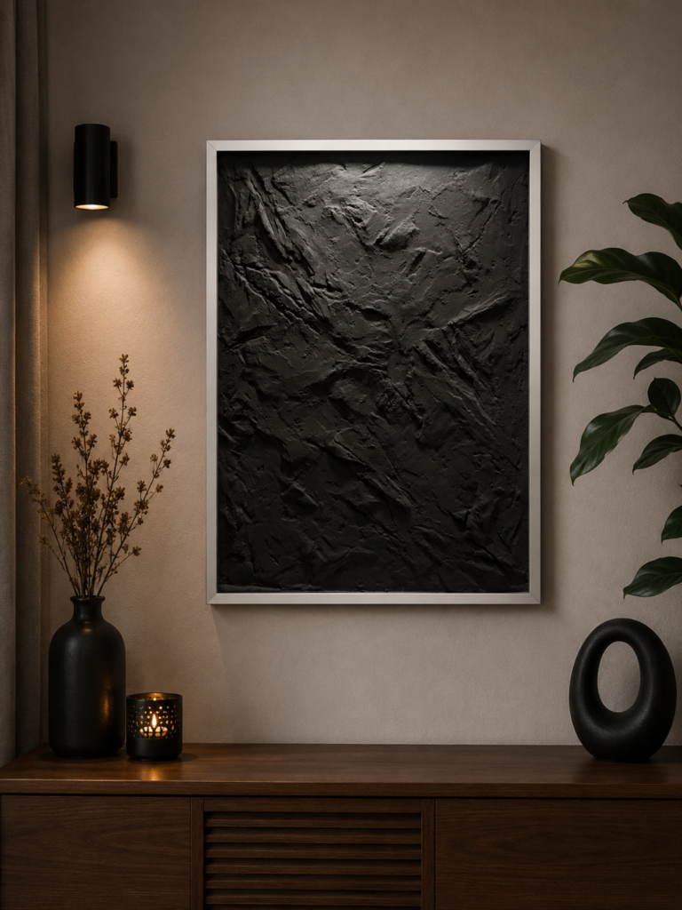 Hochformatiges 3D-Wandbild mit schwarzer Kunststein-Felsstruktur und weißem Rahmen an einer beige gestrichenen Wand.