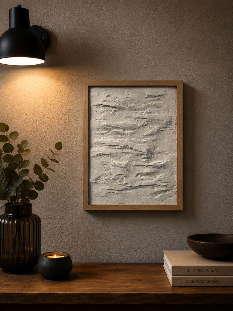 Hochformatiges 3D-Wandbild mit weißer Kunststein-Felsstruktur und beigem Rahmen an einer warmen Wand mit indirekter Beleuchtung.