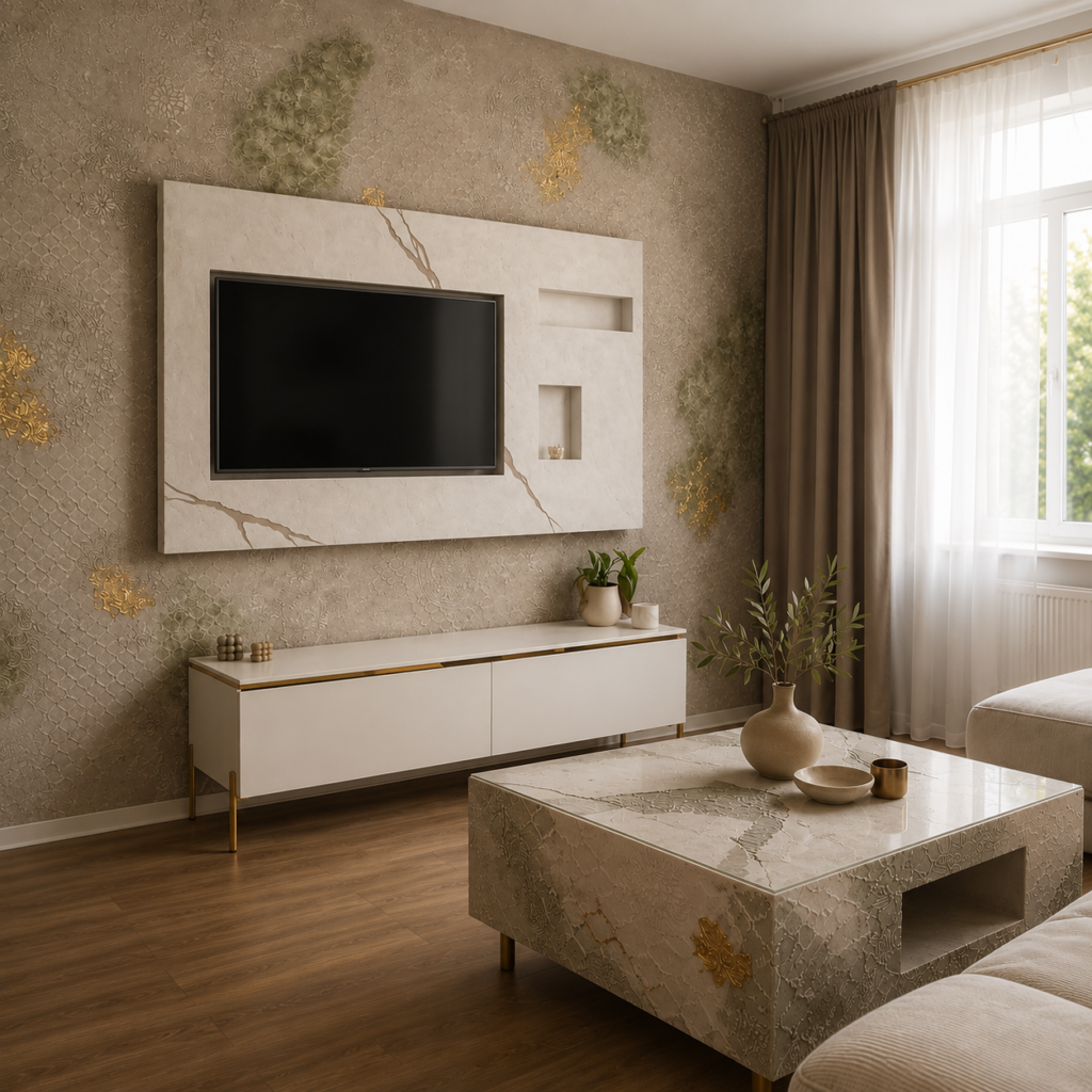Luxuriöses Wohnzimmer mit maßgefertigter TV-Wandhalterung aus Marmoroptik mit goldenen Bruchlinien, davor ein passender Couchtisch mit goldenen Akzenten. Die Hintergrundwand ist eine 3D-Reliefwand mit feinen Gitter- und Mandala-Mustern.