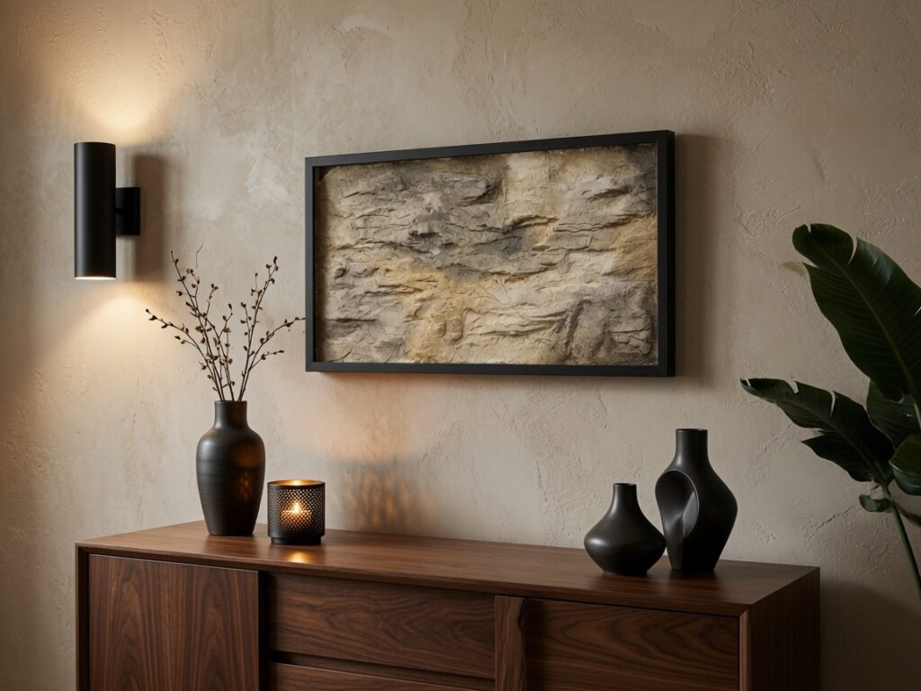 Handgefertigtes dreidimensionales Kunststein-Relief in warmen Erdtönen mit schwarzem Holzrahmen über einem Sideboard.